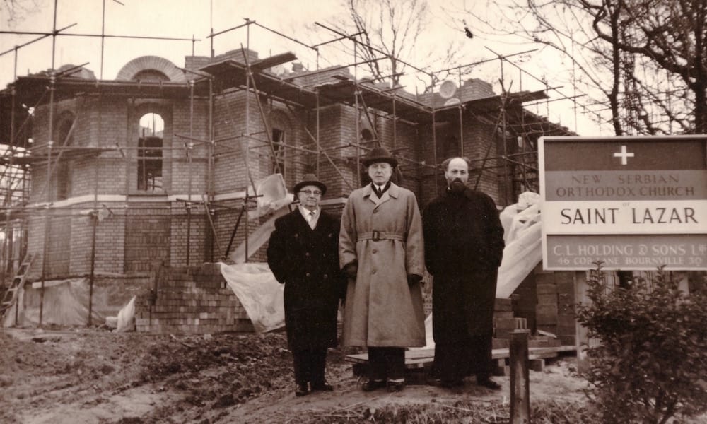 Architect Dragomir Tadić posing with the late Father Zebić